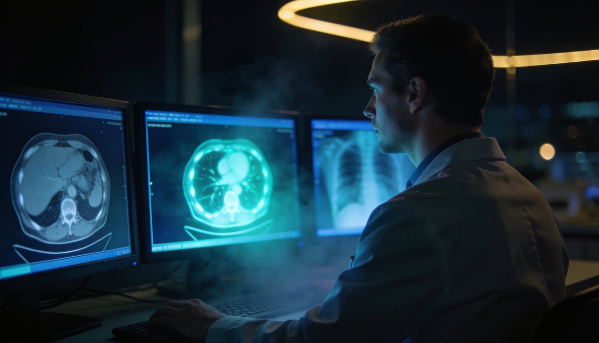 A radiologist reading glowing CT slices at a dual-monitor workstation in a dark reading room.