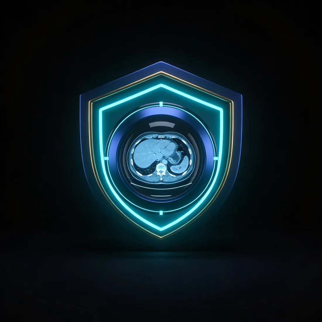 A shield enclosing a medical scan, signifying patient data kept on-site.